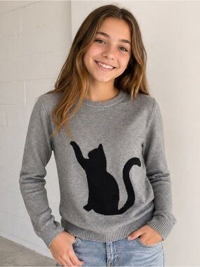 Kid Nation Cat Sweater XXL 13-14Y Gray Black 100% Cotton Crewneck Knit NWT